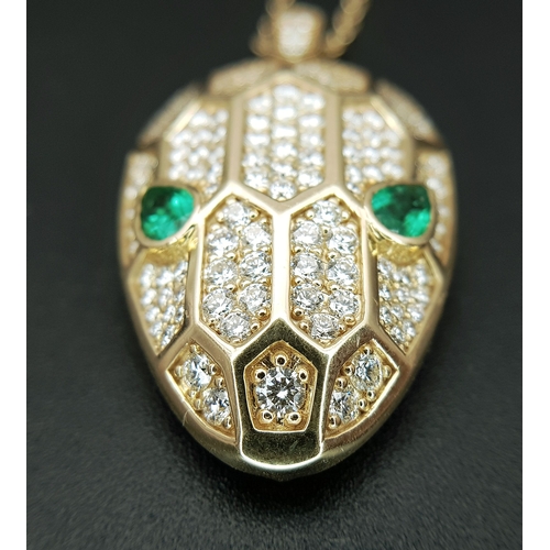 58 - A W.G.I Certified Stunning 18K Yellow Gold, Diamond and Emerald Panther Head Pendant - Presented on ... 