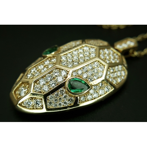 58 - A W.G.I Certified Stunning 18K Yellow Gold, Diamond and Emerald Panther Head Pendant - Presented on ... 