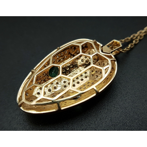 58 - A W.G.I Certified Stunning 18K Yellow Gold, Diamond and Emerald Panther Head Pendant - Presented on ... 