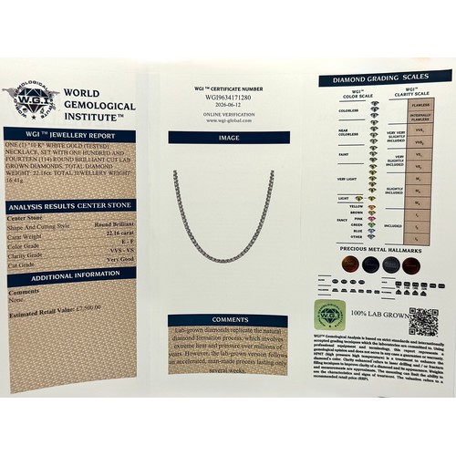 26 - A W.G.I Certified 10K White Gold, Diamond Tennis Necklace. Set with 114 round brilliant lab grown di... 