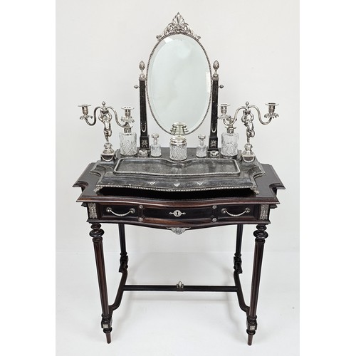 A RARE BEAUTIFUL WOOD AND SOLID SILVER PORTUGESE VANITY TABLE (CIRCA 1860) ALL TRIMMINGS BEING SILVER INCLUDING THE ACORN ON THE BASE WITH FABULOUS DECORATIVE HANDLES, INCLUDED WITH THIS TABLE ARE A PAIR OF STUNNING CANDALABRAS, CRYSTAL AND SILVER TOPPED BOTTLES  AND ON OPENING THE DRAWER YOU WILL FIND A SILVER MANICURE SET WITH ITS OWN MIRROR. THE MAIN MIRROR ATTACHED TO THE DRESSING TABLE IS OVAL SHAPED WITH DECORATIVE TRIM WITH 2 FURTHER ACORNSHAPED FINIALS EITHER SIDE OF THE MIRROR. MANY PARTS ARE HALLMARKED AND WE WOULD ESTIMATE THE SILVER WEIGHING 4.5 - 5 KILOS. THE WHOLE SET IS IN FANTASTIC CONDITION. WINNING BIDDER MUST COLLECT FROM CADMORE HQ DUE TO THE SIZE, WEIGHT AND FRAGILITY.