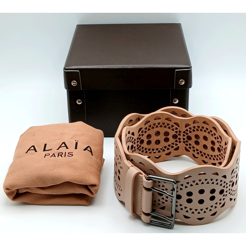 An Alaïa Laser Cut Wide Leather Waist Belt. Pink leather  display picture 2