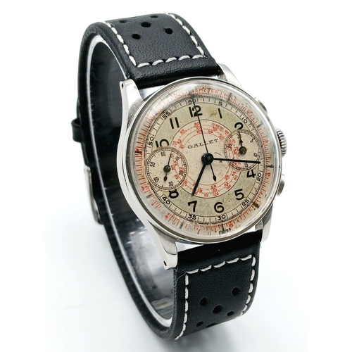 A Rare Vintage Gentleman’s Gallet Multichron 30 Manual Wind Chronograph Watch. 34mm Case with including Crown. The Watch was last fully serviced in 2024. These watches were produced in the 1930/40’s with this particular model being mid that range. Gallet are known as the first true chronographs. Comes in travel pouch.