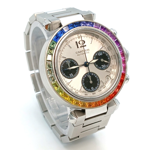 A Pasha de Cartier Multi-Gemstone Automatic Chronograph Ladies Watch. Stainless steel bracelet and case - 35mm. Silver tone dial with three sub dials. Date window. Rainbow Laboratory made gem-set bezel. In good condition and working order. Note: Gemstones have been after-market custom fitted.