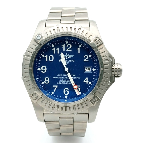 A Breitling Avenger Seawolf Automatic Gents Watch. Model E17370. Titanium bracelet and case - 44mm. Blue dial with date window. Rotating bezel. Water resistant to 300M. In working order.