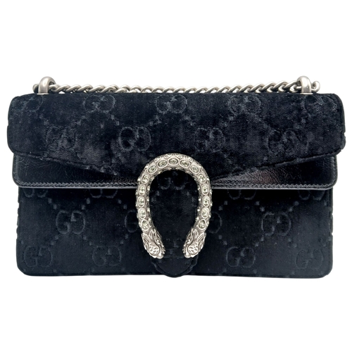 2 - A Gucci Velvet GG Monogram Dionysus Shoulder Bag. Black GG monogram velvet exterior with black paten... 
