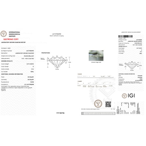 14 - A 3.07ct Round Cut Lab-Grown Diamond. Colour D, clarity VS2. IGI certified. Cert no: LG737582898. Me... 