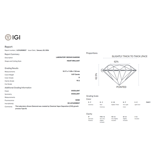 21 - A 5.07ct Heart Cut Lab-Grown Diamond. Colour D, clarity VS2. IGI certified. Cert no: LG762508027. Me... 