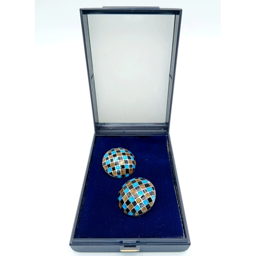 17 - A Lovely Pair of 925 Silver Enamel Mosaic Clip-On Earrings. Circular domed clip-on earrings decorate... 