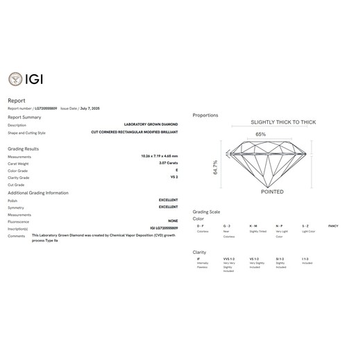 53 - A 3.07ct Radiant Cut Lab-Grown Diamond. Colour E, clarity VS2. IGI certified. Cert no: LG720555809. ... 