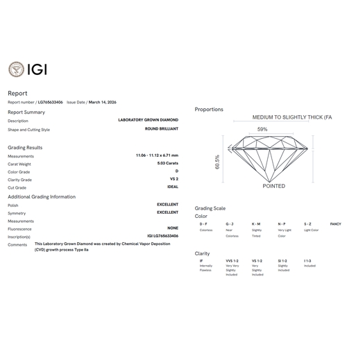 60 - A 5.03ct Round Brilliant Cut Lab-Grown Diamond. Colour D, clarity VS2. IGI certified. Cert no: LG765... 