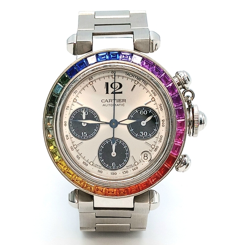 52 - A Pasha de Cartier Multi-Gemstone Automatic Chronograph Ladies Watch. Stainless steel bracelet and c... 