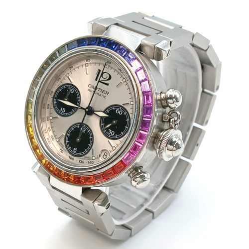 52 - A Pasha de Cartier Multi-Gemstone Automatic Chronograph Ladies Watch. Stainless steel bracelet and c... 
