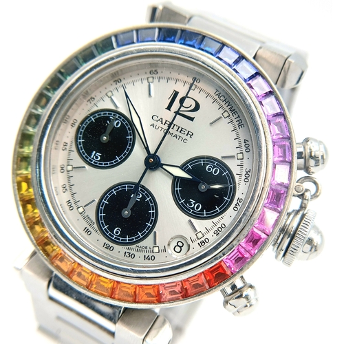52 - A Pasha de Cartier Multi-Gemstone Automatic Chronograph Ladies Watch. Stainless steel bracelet and c... 