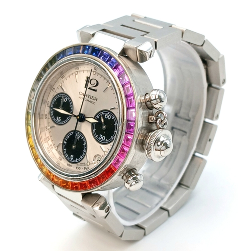 52 - A Pasha de Cartier Multi-Gemstone Automatic Chronograph Ladies Watch. Stainless steel bracelet and c... 