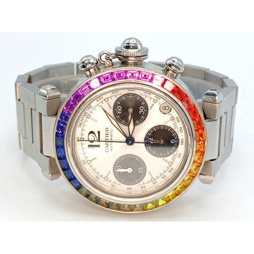 52 - A Pasha de Cartier Multi-Gemstone Automatic Chronograph Ladies Watch. Stainless steel bracelet and c... 
