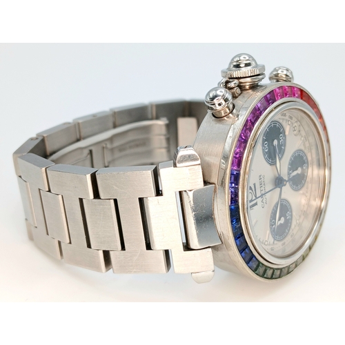 52 - A Pasha de Cartier Multi-Gemstone Automatic Chronograph Ladies Watch. Stainless steel bracelet and c... 