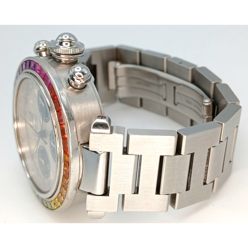 52 - A Pasha de Cartier Multi-Gemstone Automatic Chronograph Ladies Watch. Stainless steel bracelet and c... 