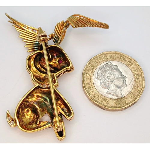 37 - An 18K Yellow Gold (tests as) and Diamond Winged Rabbit with Ruby Eye Brooch. 5cm x 4cm ear-span! 13... 