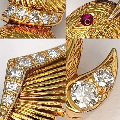 37 - An 18K Yellow Gold (tests as) and Diamond Winged Rabbit with Ruby Eye Brooch. 5cm x 4cm ear-span! 13... 
