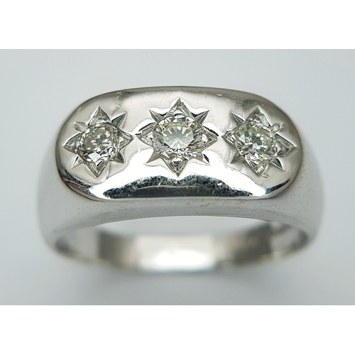 41 - AN 18K WHITE GOLD, DIAMOND 3 STONE RING. GYPSY SET. 0.40CTW. 6.8G, SIZE P/Q. SC 7045