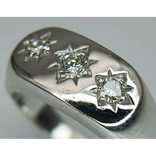 41 - AN 18K WHITE GOLD, DIAMOND 3 STONE RING. GYPSY SET. 0.40CTW. 6.8G, SIZE P/Q. SC 7045
