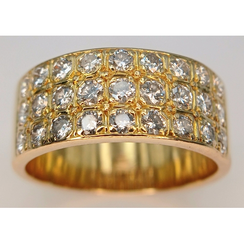 20 - AN 18K YELLOW GOLD, 3 ROW, DIAMOND SET BAND RING. 1.15CTW. 10.2G, SIZE R. SC 7074