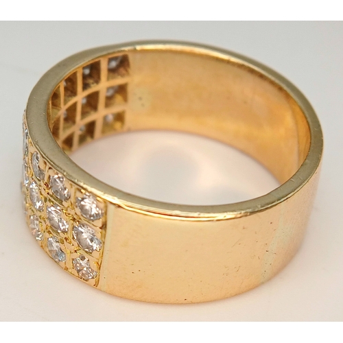 20 - AN 18K YELLOW GOLD, 3 ROW, DIAMOND SET BAND RING. 1.15CTW. 10.2G, SIZE R. SC 7074