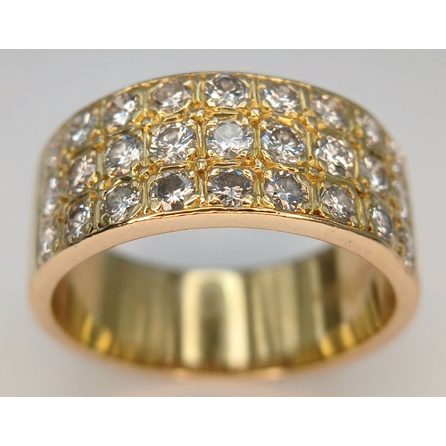 20 - AN 18K YELLOW GOLD, 3 ROW, DIAMOND SET BAND RING. 1.15CTW. 10.2G, SIZE R. SC 7074