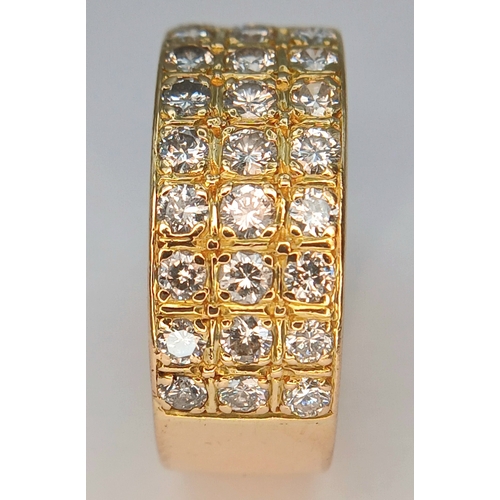 20 - AN 18K YELLOW GOLD, 3 ROW, DIAMOND SET BAND RING. 1.15CTW. 10.2G, SIZE R. SC 7074