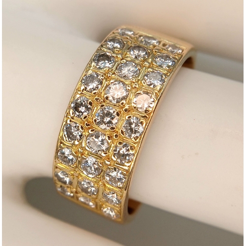 20 - AN 18K YELLOW GOLD, 3 ROW, DIAMOND SET BAND RING. 1.15CTW. 10.2G, SIZE R. SC 7074