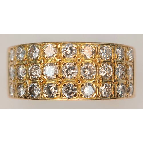 20 - AN 18K YELLOW GOLD, 3 ROW, DIAMOND SET BAND RING. 1.15CTW. 10.2G, SIZE R. SC 7074
