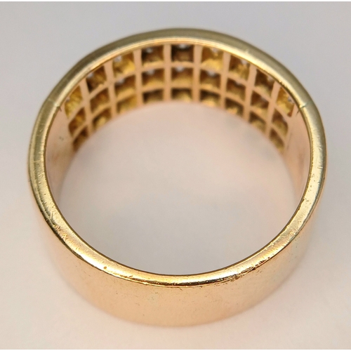20 - AN 18K YELLOW GOLD, 3 ROW, DIAMOND SET BAND RING. 1.15CTW. 10.2G, SIZE R. SC 7074