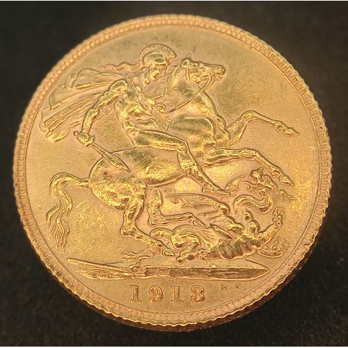 1 - A 1913 George V Full Gold Sovereign Coin. 22K Gold. EF grade.
