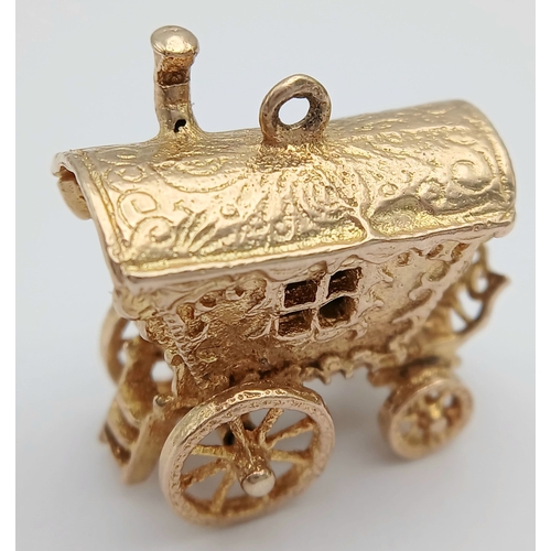 24 - A 9K Yellow Gold, Fancy Carriage Pendant/Charm - with Turning Wheels! 2.5cm. 8.35g.