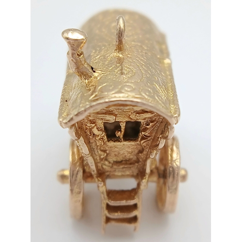 24 - A 9K Yellow Gold, Fancy Carriage Pendant/Charm - with Turning Wheels! 2.5cm. 8.35g.