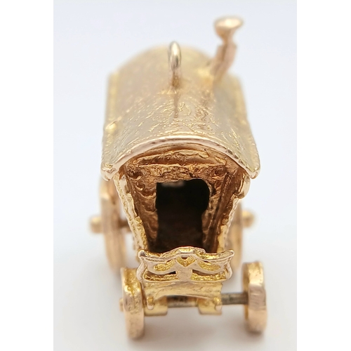 24 - A 9K Yellow Gold, Fancy Carriage Pendant/Charm - with Turning Wheels! 2.5cm. 8.35g.