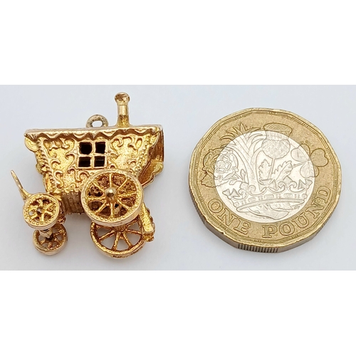 24 - A 9K Yellow Gold, Fancy Carriage Pendant/Charm - with Turning Wheels! 2.5cm. 8.35g.