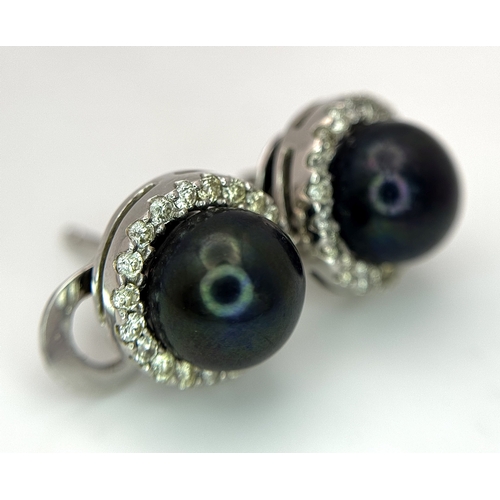 47 - A Pair of 14K White Gold Tahitian Pearl and Diamond Stud Earrings. Beautiful 8mm pearls with diamond... 