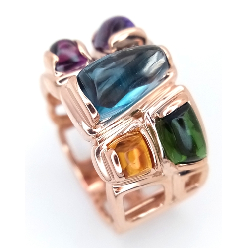 12 - A Designer 'Bellarri' Fancy 14K Rose Gold Mult-Gemstone Cocktail Ring. Includes cabochons of tourmal... 