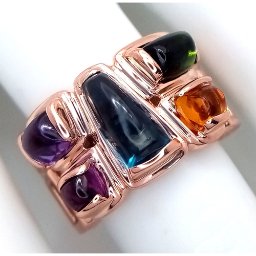 12 - A Designer 'Bellarri' Fancy 14K Rose Gold Mult-Gemstone Cocktail Ring. Includes cabochons of tourmal... 