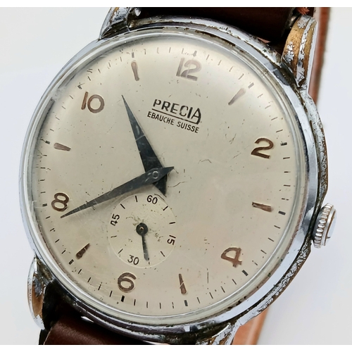 35 - Gentleman’s Vintage ‘PRECIA’ WRISTWATCH. Having subsidiary seconds dial  at 6 o’clock. 37mm case. Br... 