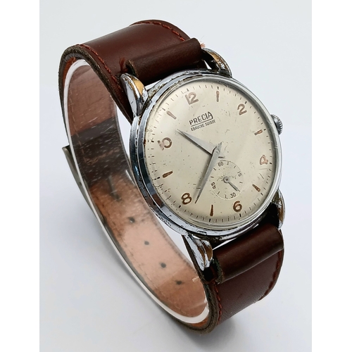 35 - Gentleman’s Vintage ‘PRECIA’ WRISTWATCH. Having subsidiary seconds dial  at 6 o’clock. 37mm case. Br... 