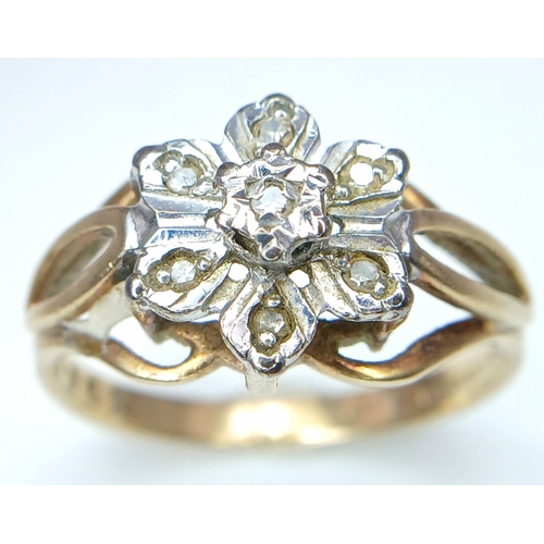 28 - Beautiful Vintage 9 CARAT GOLD RING with DIAMONDS set  in PLATINUM in Floral Formation. Full UK Hall... 