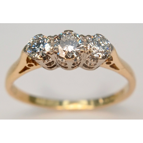 36 - AN 18K YELLOW GOLD, 3 STONE DIAMOND RING. 0.40CTW. 2G, SIZE K. SPSA 7002