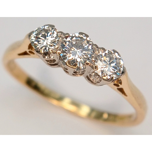 36 - AN 18K YELLOW GOLD, 3 STONE DIAMOND RING. 0.40CTW. 2G, SIZE K. SPSA 7002