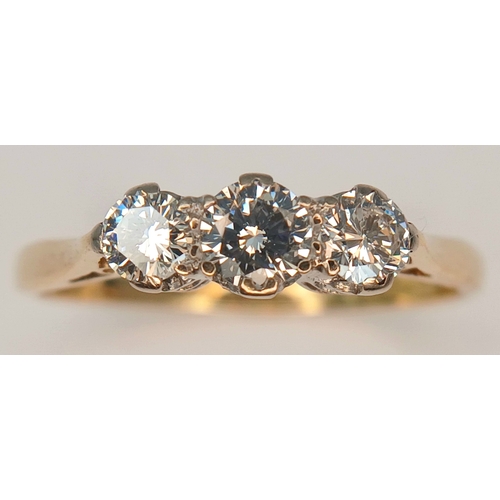 36 - AN 18K YELLOW GOLD, 3 STONE DIAMOND RING. 0.40CTW. 2G, SIZE K. SPSA 7002