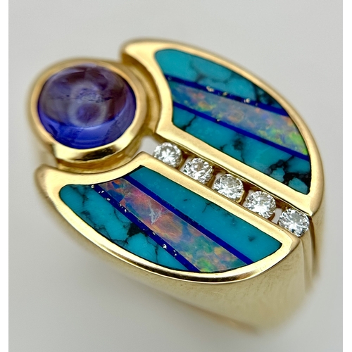 A Gorgeous 14K Yellow Gold, Amethyst, Opal, Turquoise, and Diamond Kabana Ring. An amethyst cabochon with inlaid blue turquoise and colour-play opal separated by a channel-set line of high-grade diamonds. Size N 1/2. 12.4g total weight. 
Ref: 1005782-7
