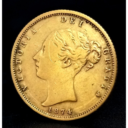 AN 1874, QUEEN VICTORIA, YOUNG BUN HEAD, SHIELD BACK, DIE NUMBER 2, HALF SOVEREIGN COIN. 22K GOLD.  C 8001