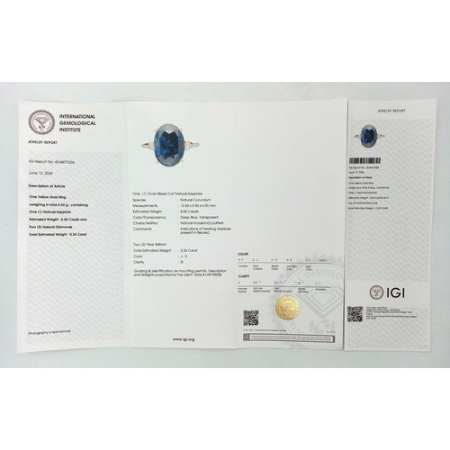 144 - An IGI Certified 18K Yellow Gold (tests as) Sapphire and Diamond Cocktail Ring. An 8.05ct natural ov... 